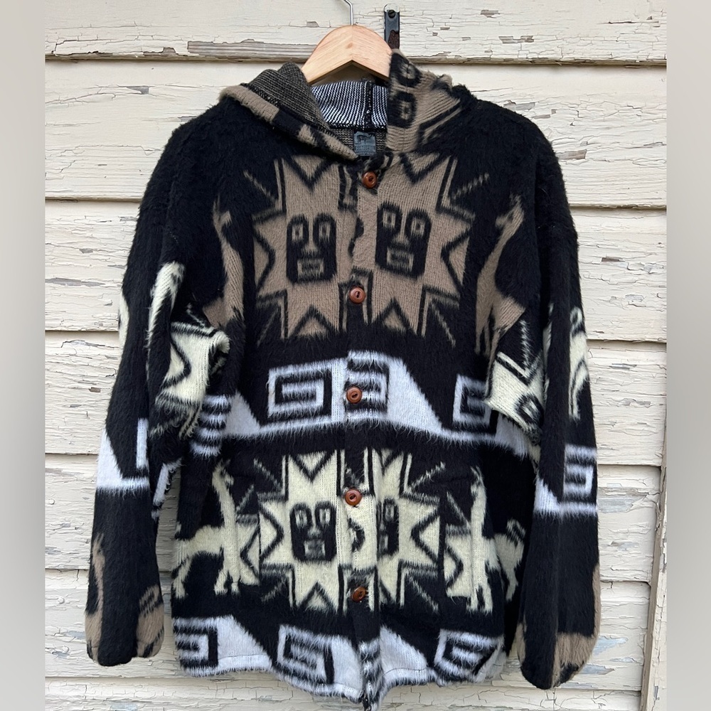 Vintage Inca Tribal Artesanias Alpaca Peruvian Jacket Coat Sweater Hoodie Ethnic